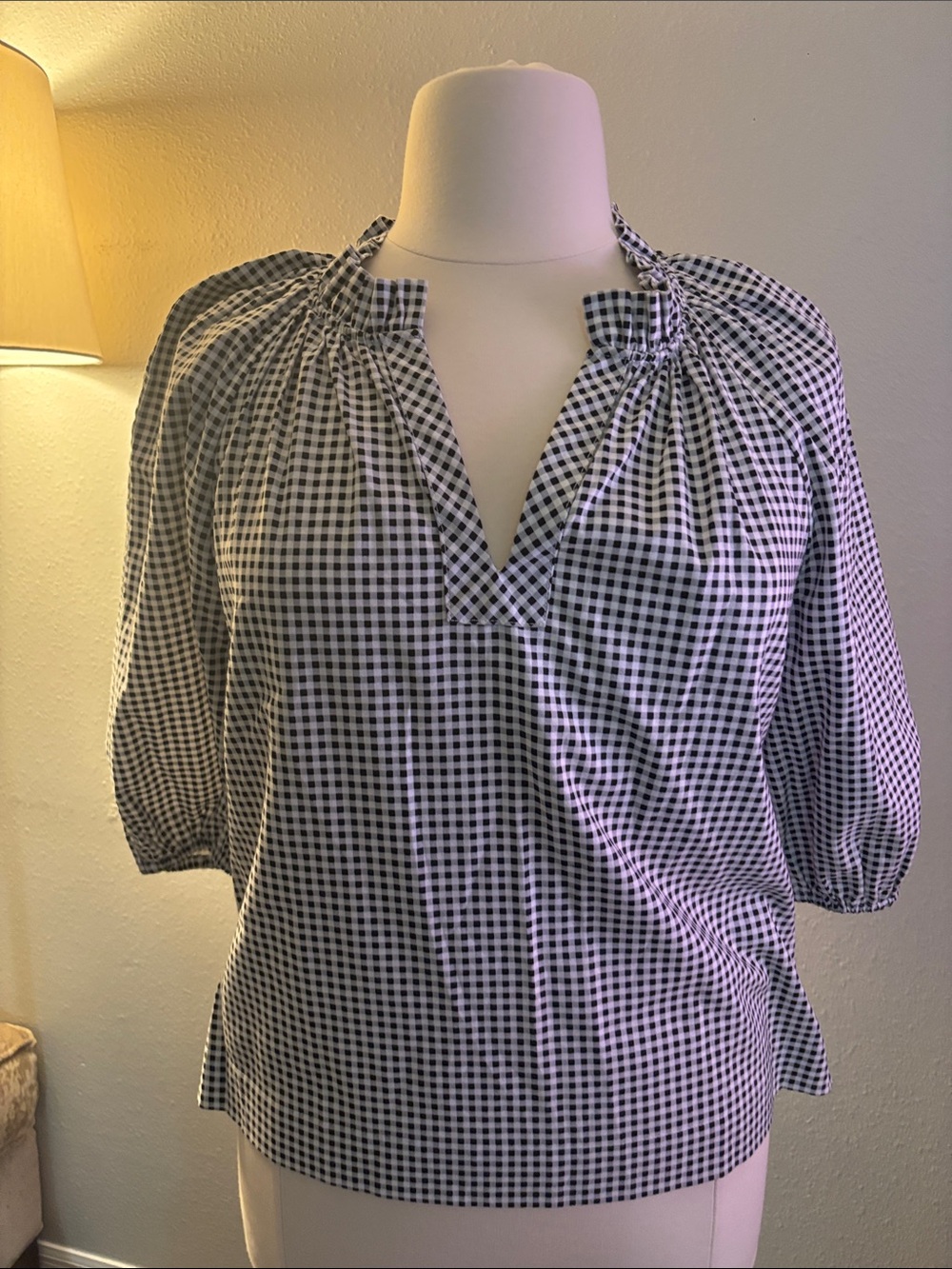 Sara Campbell Black and White Gingham Split-Neck Puff Sleeve Blouse